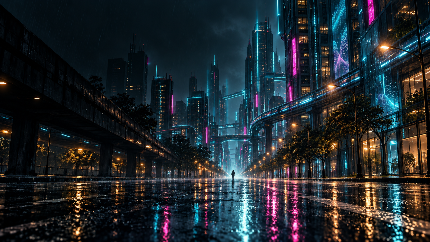 Cidade cyberpunk fictícia com arquitetura tecnológica, luzes ciano e magenta e reflexos na chuva
